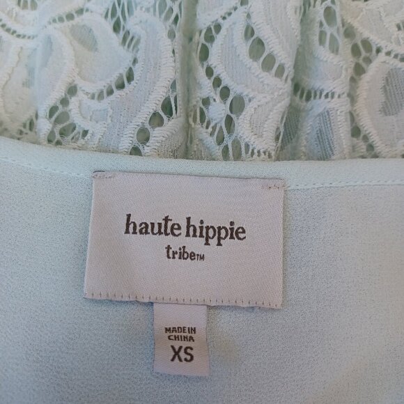 Haute Hippie Tribe Top Woven Chiffon Lace Sleeves Tie Neckline Womens XS - Picture 5 of 16